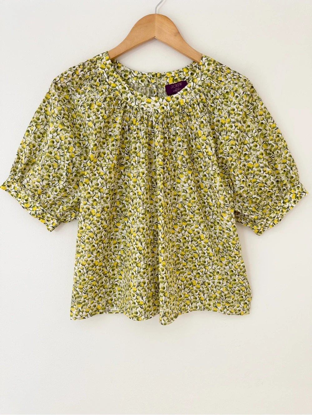 J. Crew High-neck Puff-sleeve Smock Top in Liberty Eliza's Yellow Fabric, Size L